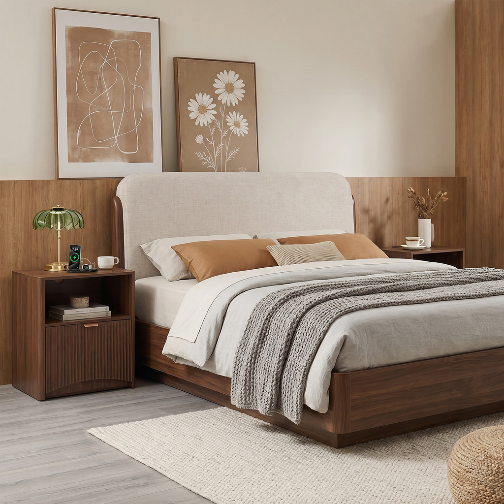 Fluted Nightstands with Charging Station, Walnut, Set of 2 — product view 2