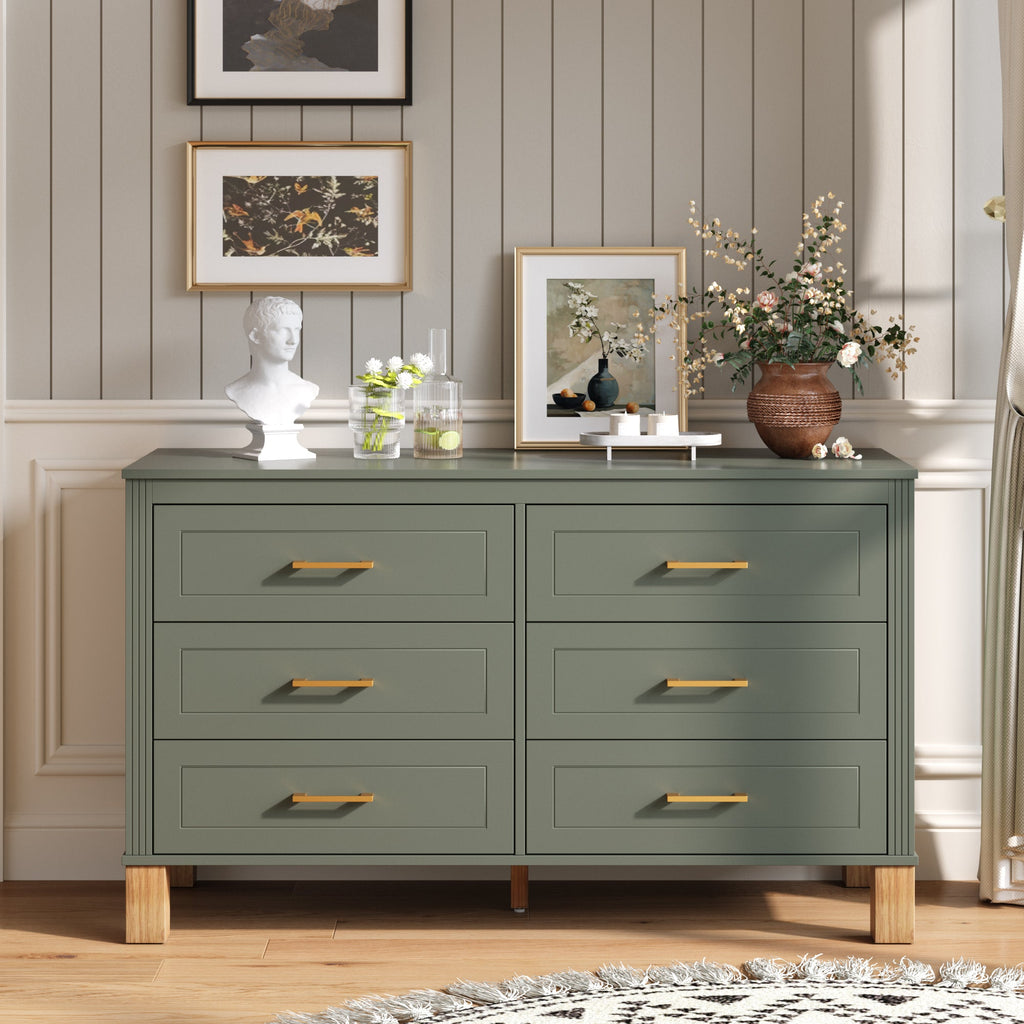 Modern 6-Drawer Dresser with Solid Wood Legs, Olive Green — product view 2