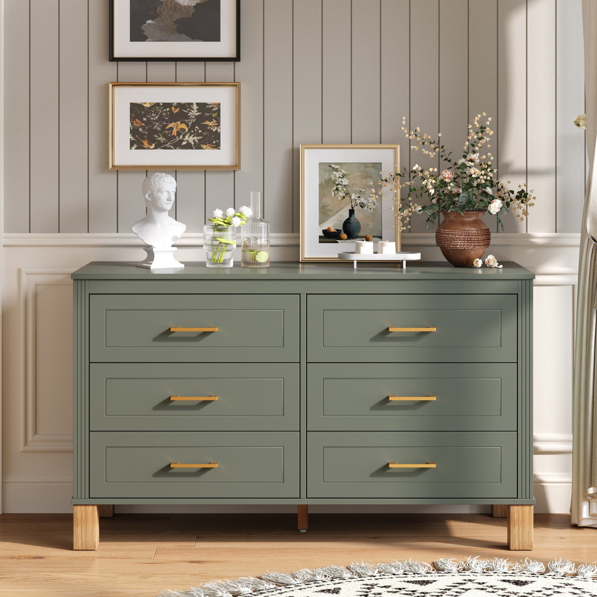 Modern 6-Drawer Dresser with Solid Wood Legs, Olive Green — product view 2