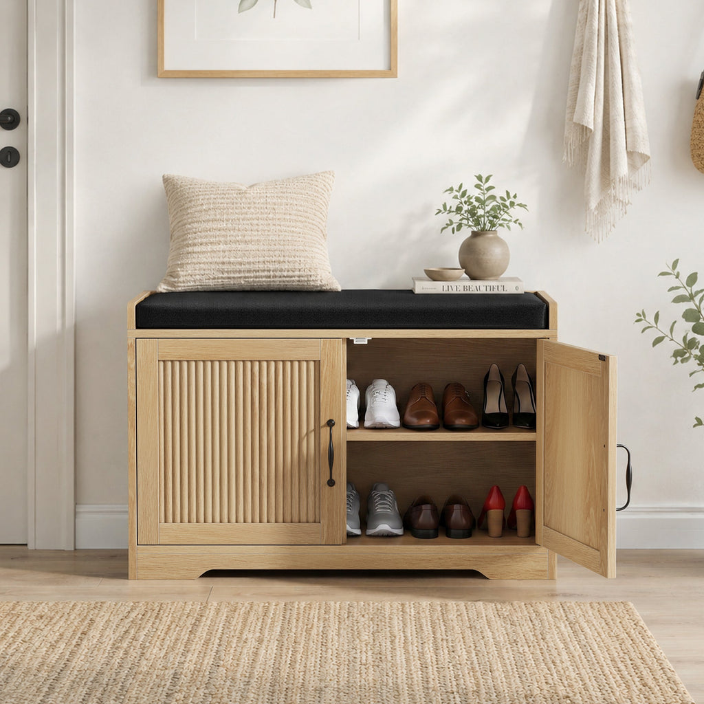 Fluted Shoe Storage Bench with Cushion, Natural, 31.5 in. — product view 2