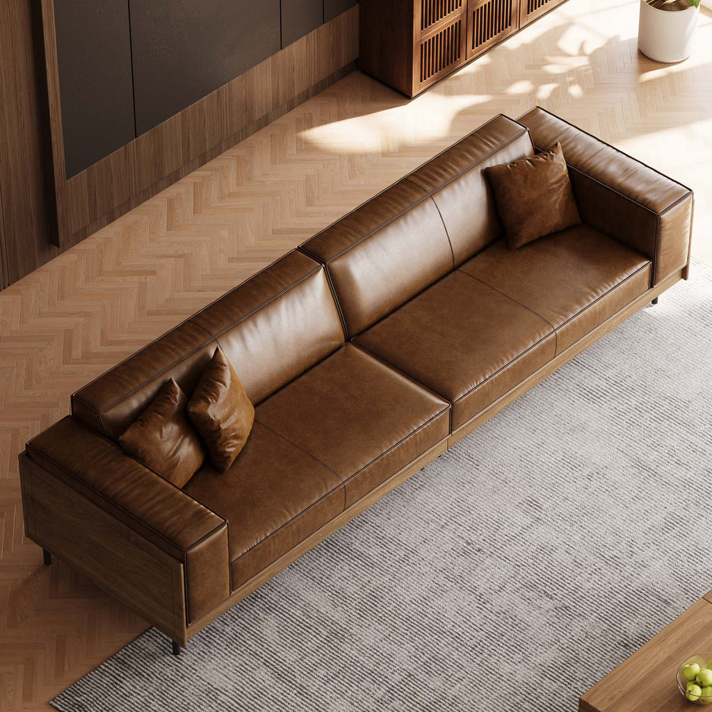 Modern Four-Seat Sofa in Brown Faux Leather — product view 3