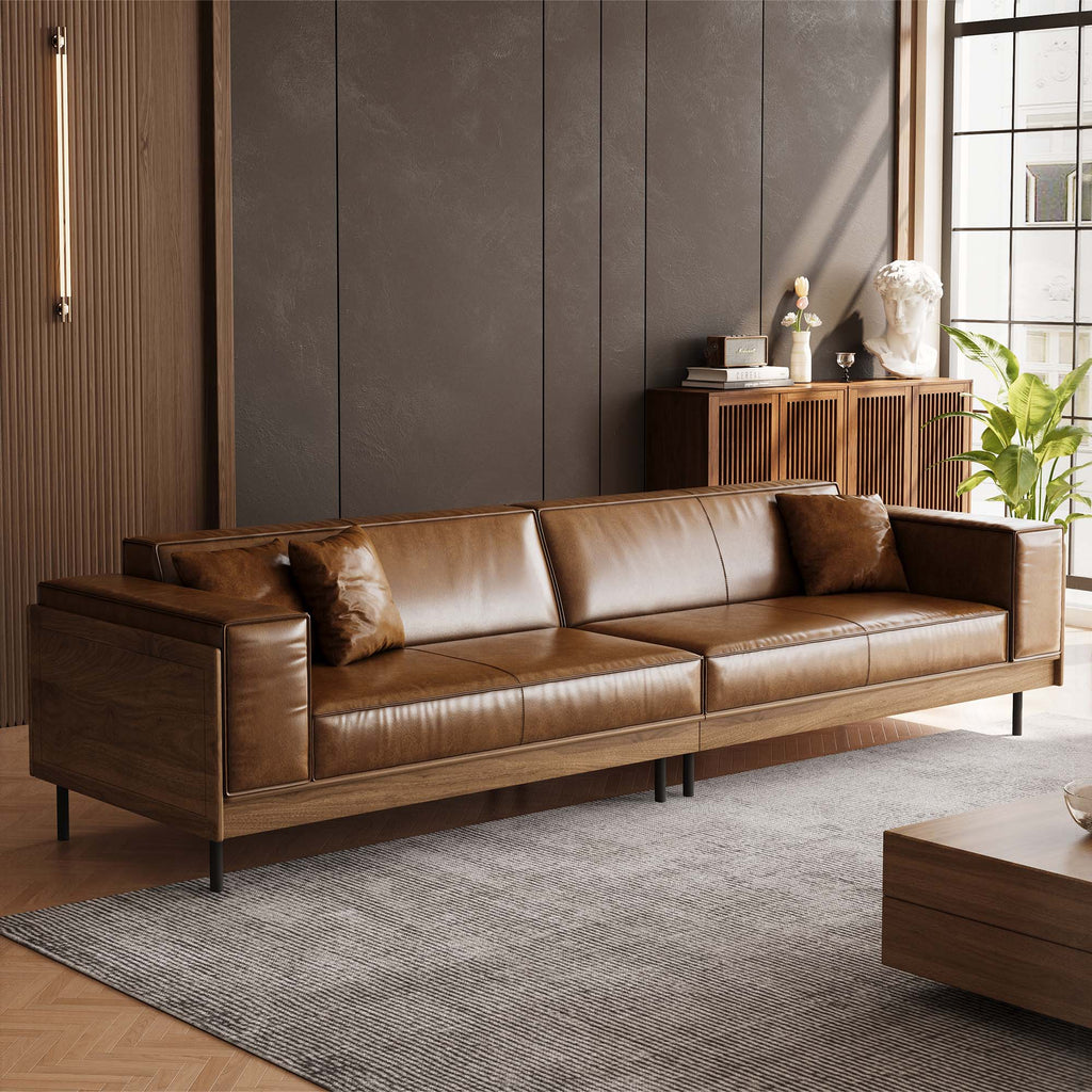 Modern Four-Seat Sofa in Brown Faux Leather — product view 2
