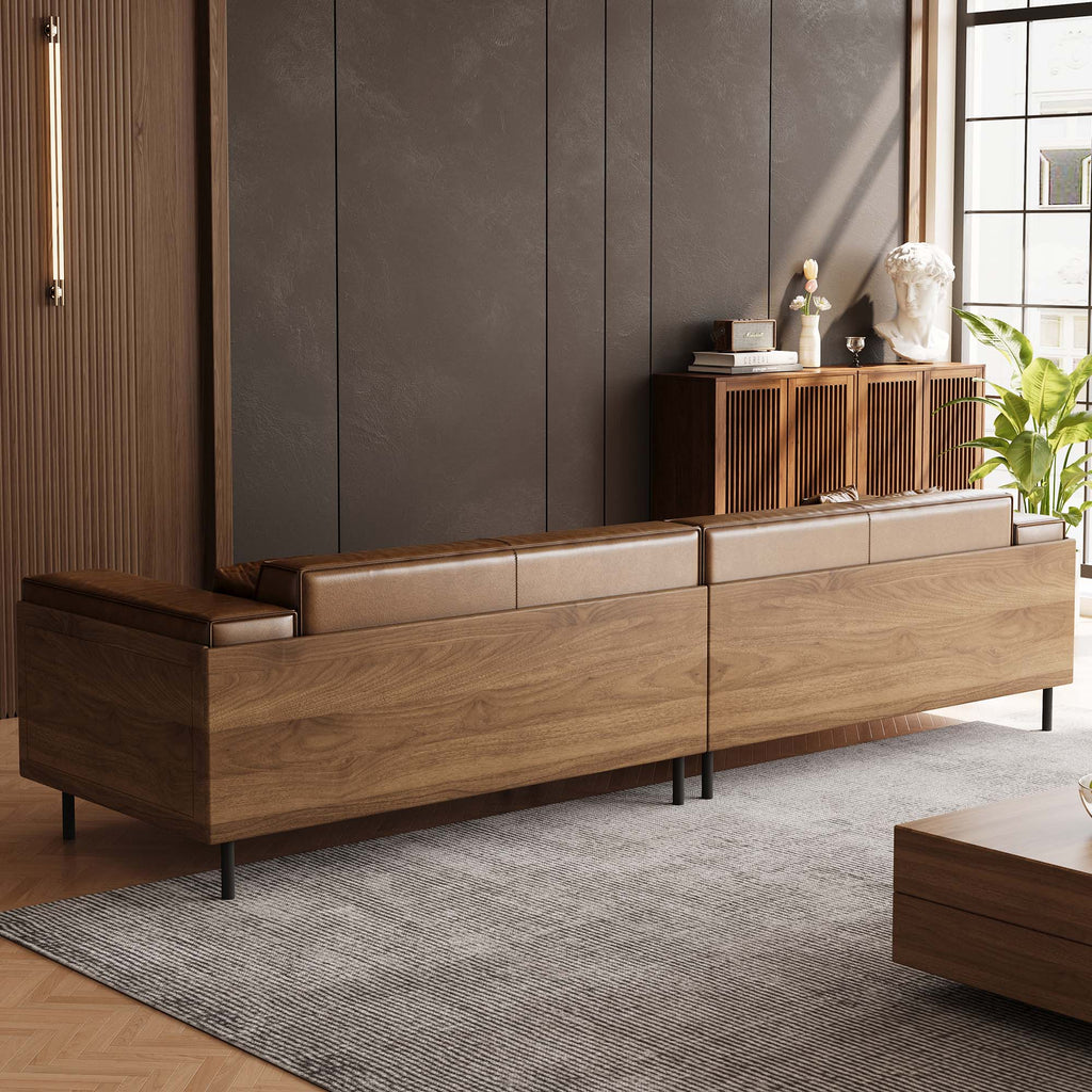 Modern Four-Seat Sofa in Brown Faux Leather — product view 4