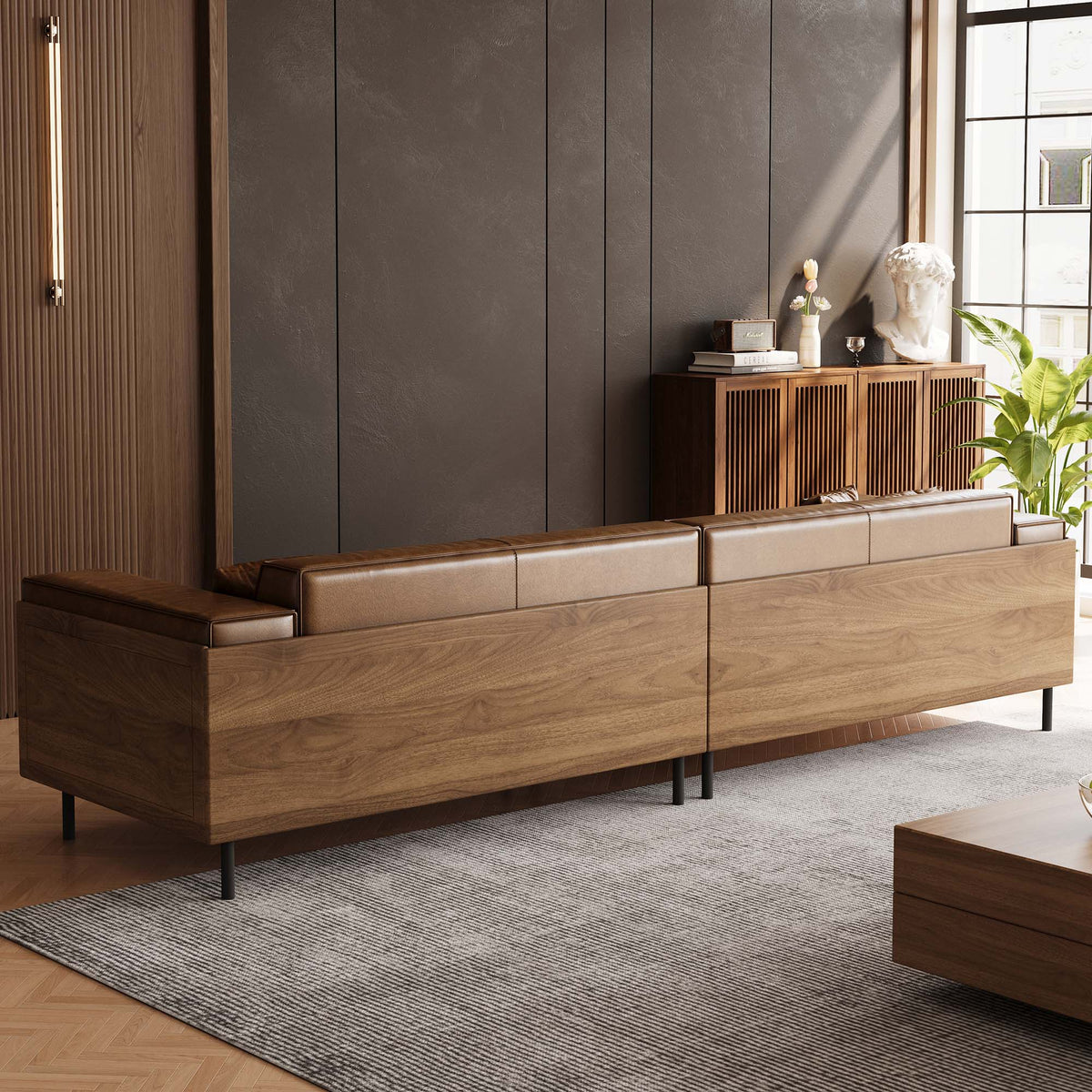 Modern Four-Seat Sofa in Brown Faux Leather — product view 4