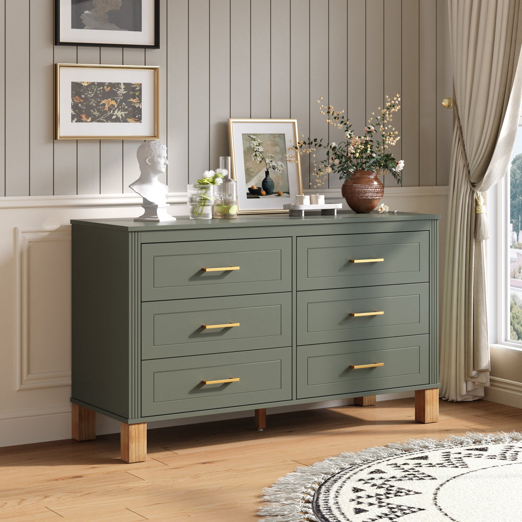 Modern 6-Drawer Dresser with Solid Wood Legs, Olive Green — product view 3