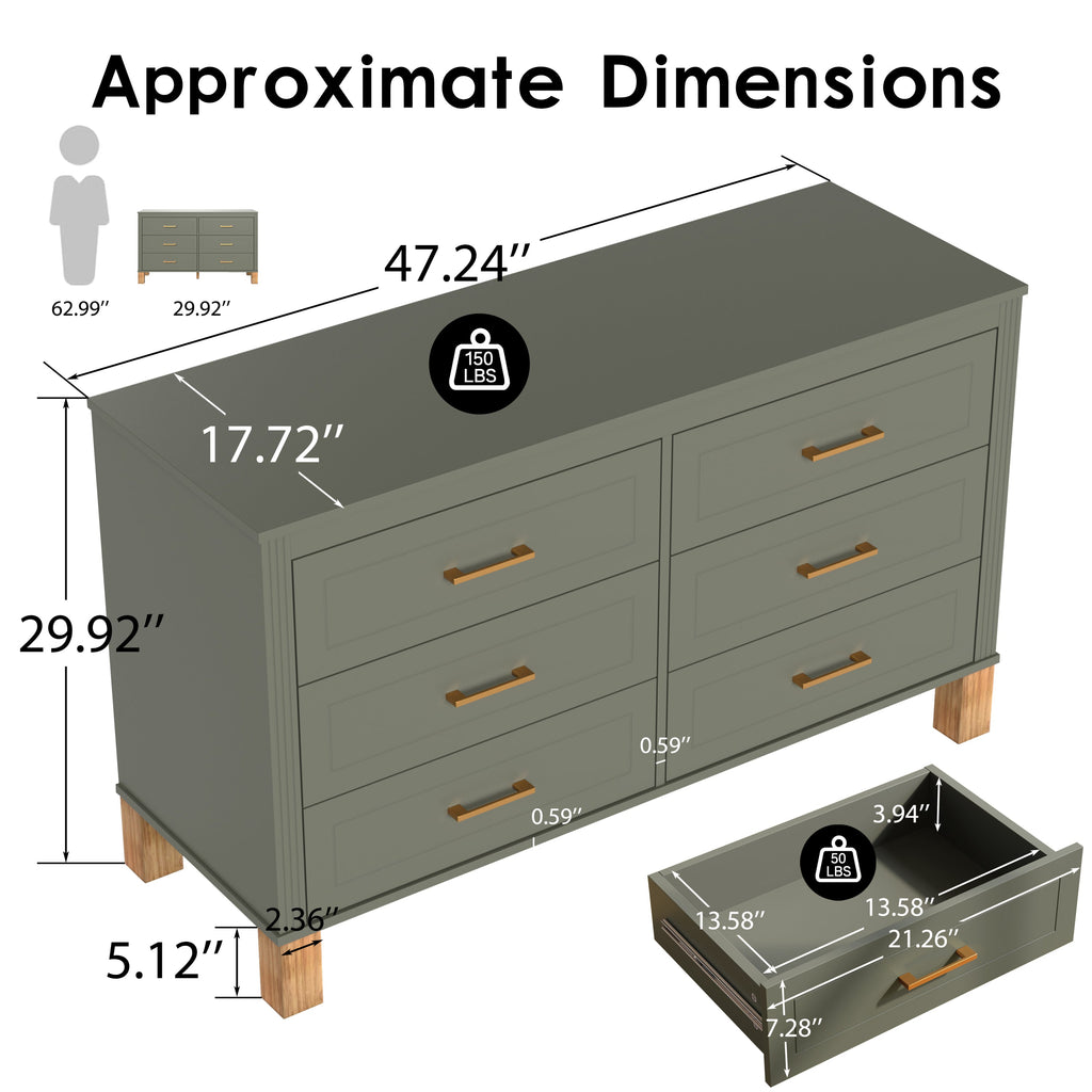Modern 6-Drawer Dresser with Solid Wood Legs, Olive Green — product view 4
