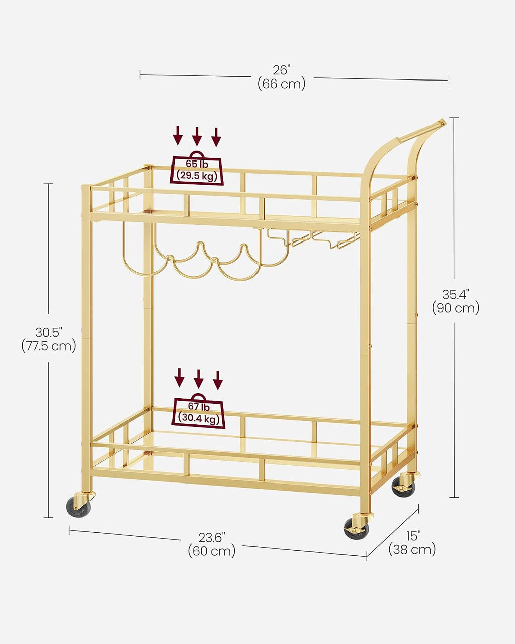 VASAGLE Mirrored Bar Cart, Gold, 26in — product view 5