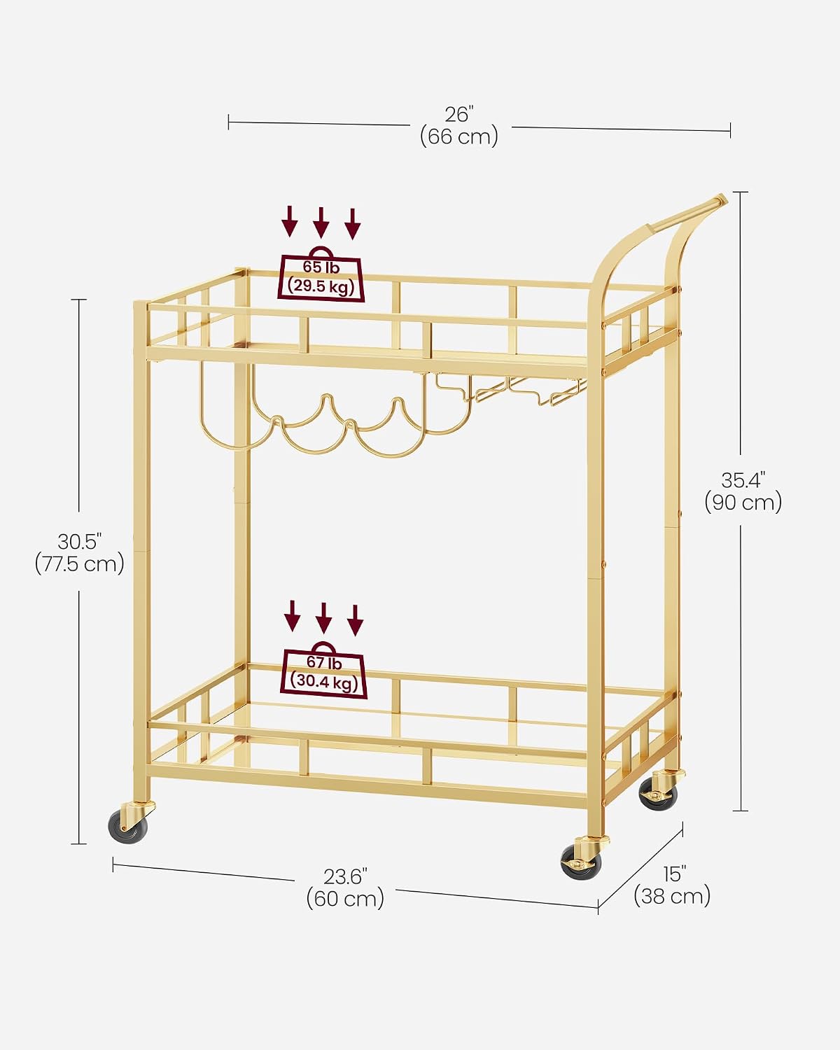 VASAGLE Mirrored Bar Cart, Gold, 26in — product view 5