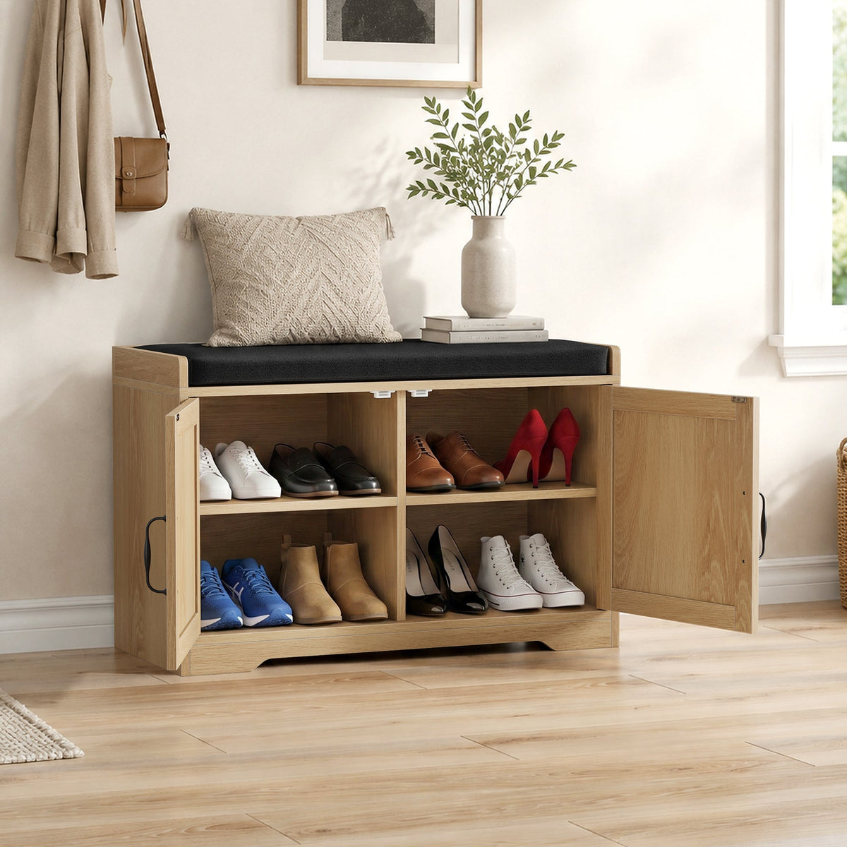 Fluted Shoe Storage Bench with Cushion, Natural, 31.5 in. — product view 3