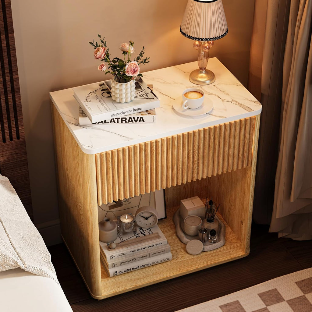 Fluted Nightstands with Faux-Marble Tops, Oak, Set of 2 — product view 3