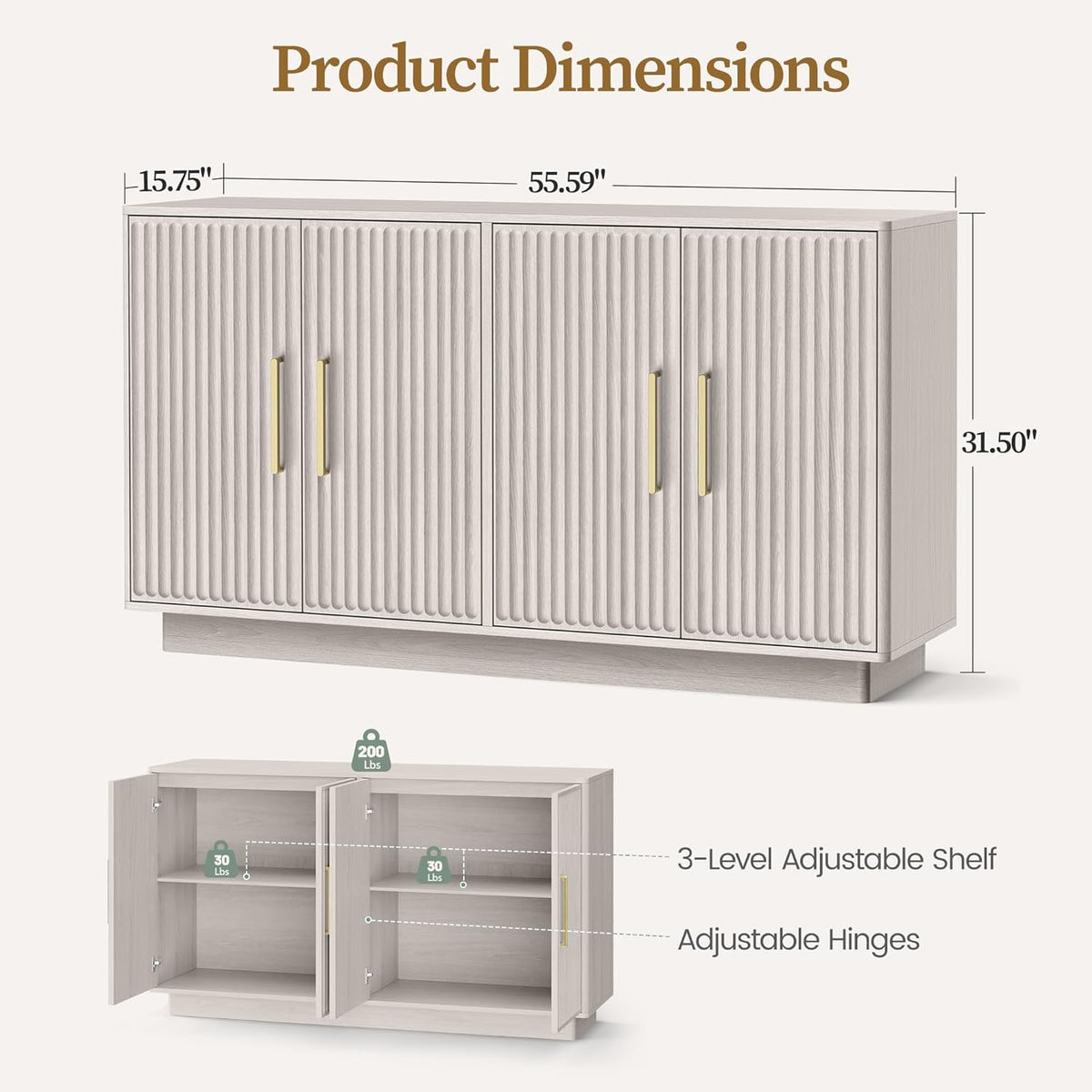Fluted Four-Door Sideboard, Light Finish, 55.59in — product view 3