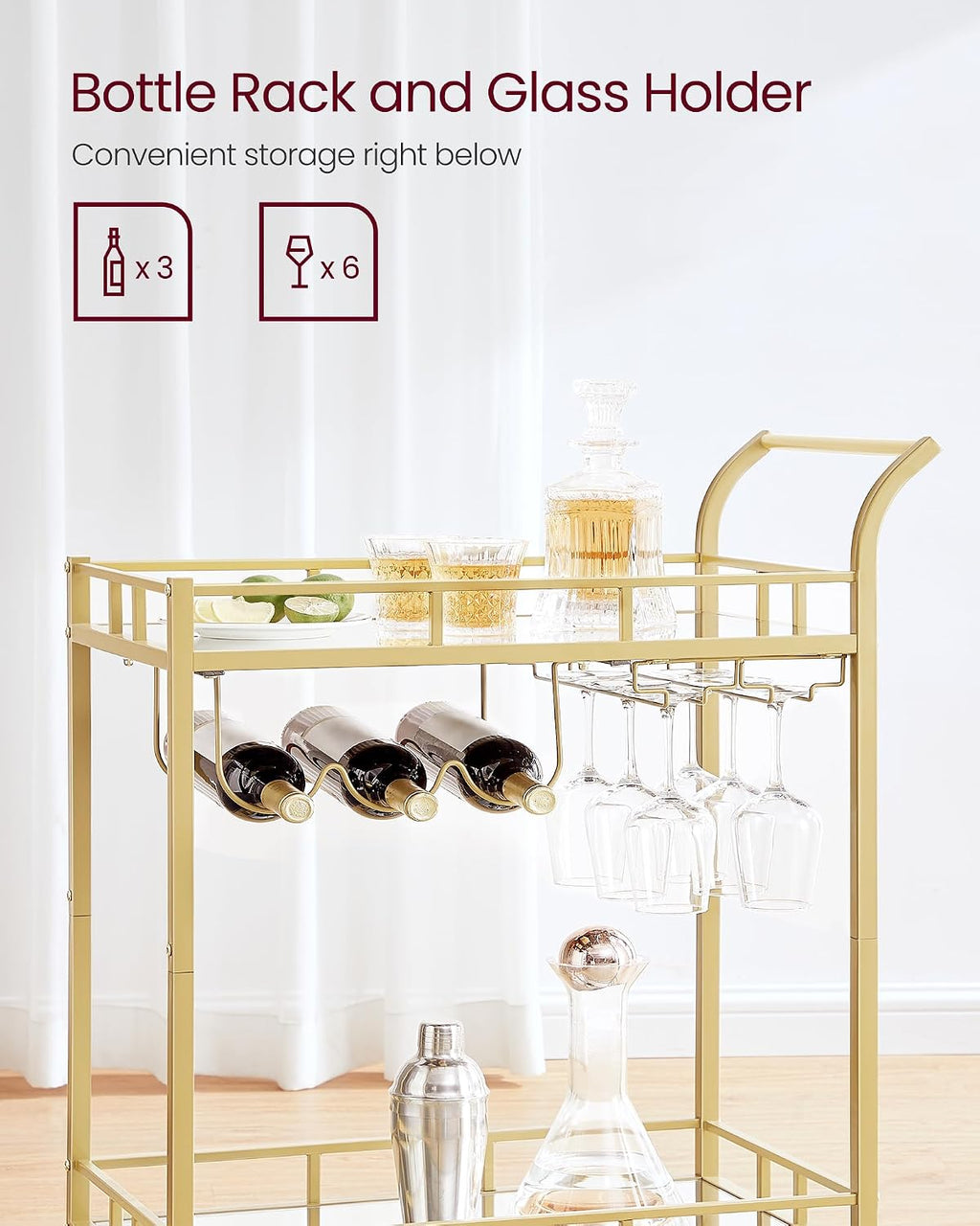 VASAGLE Mirrored Bar Cart, Gold, 26in — product view 3