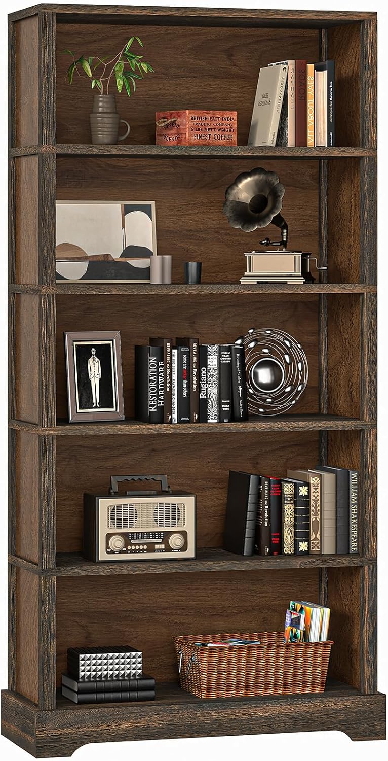 5-Tier Solid Wood Bookcase - Floor Standing Open Shelf 65in