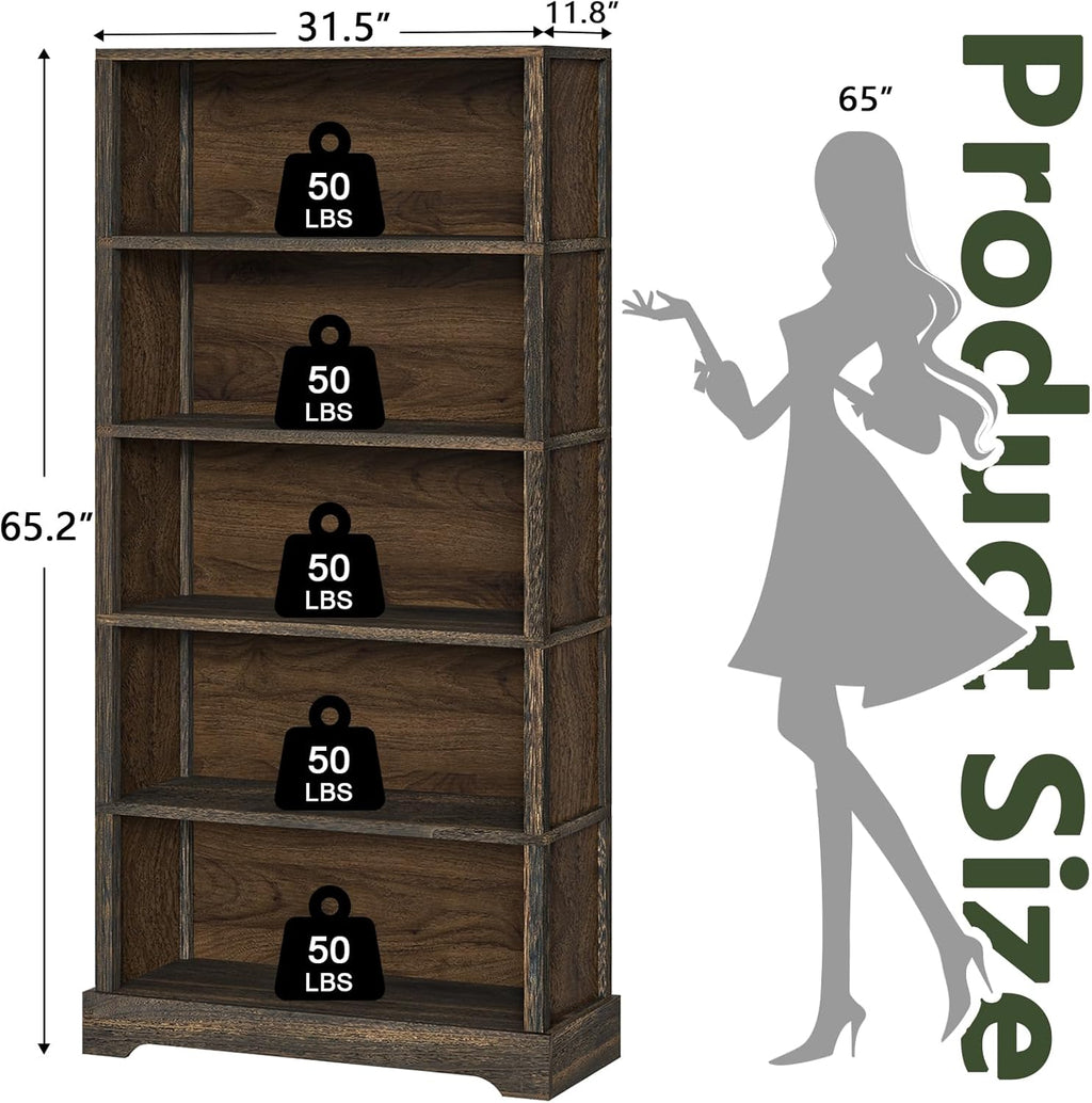 Five-Tier Open Bookcase, Dark Wood Finish, 65.2in — product view 3