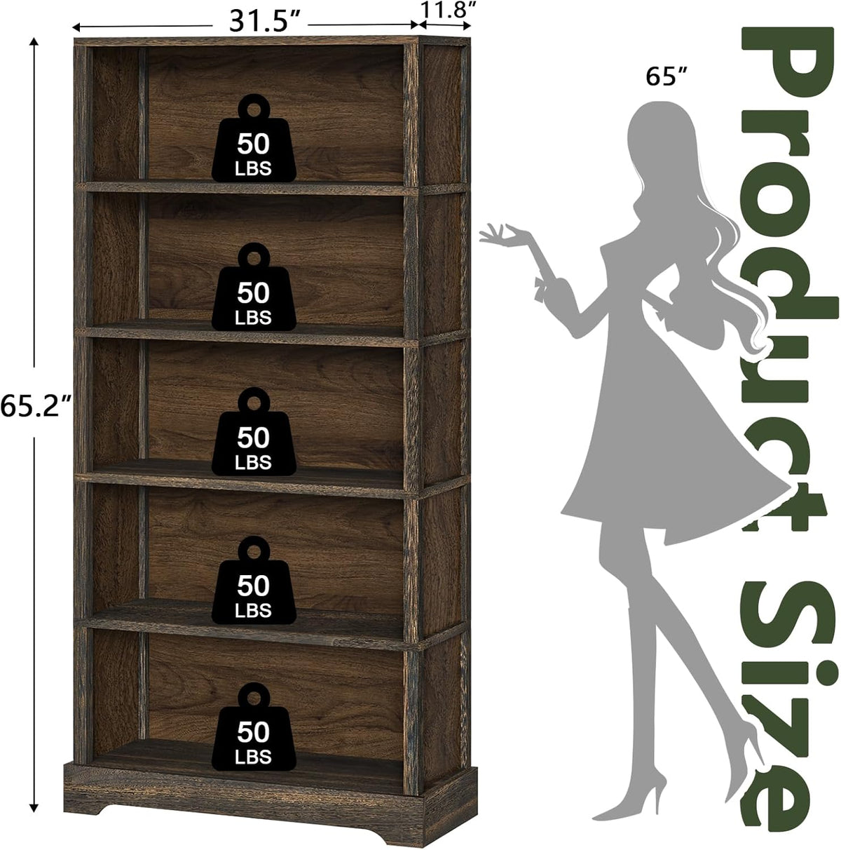 Five-Tier Open Bookcase, Dark Wood Finish, 65.2in — product view 3