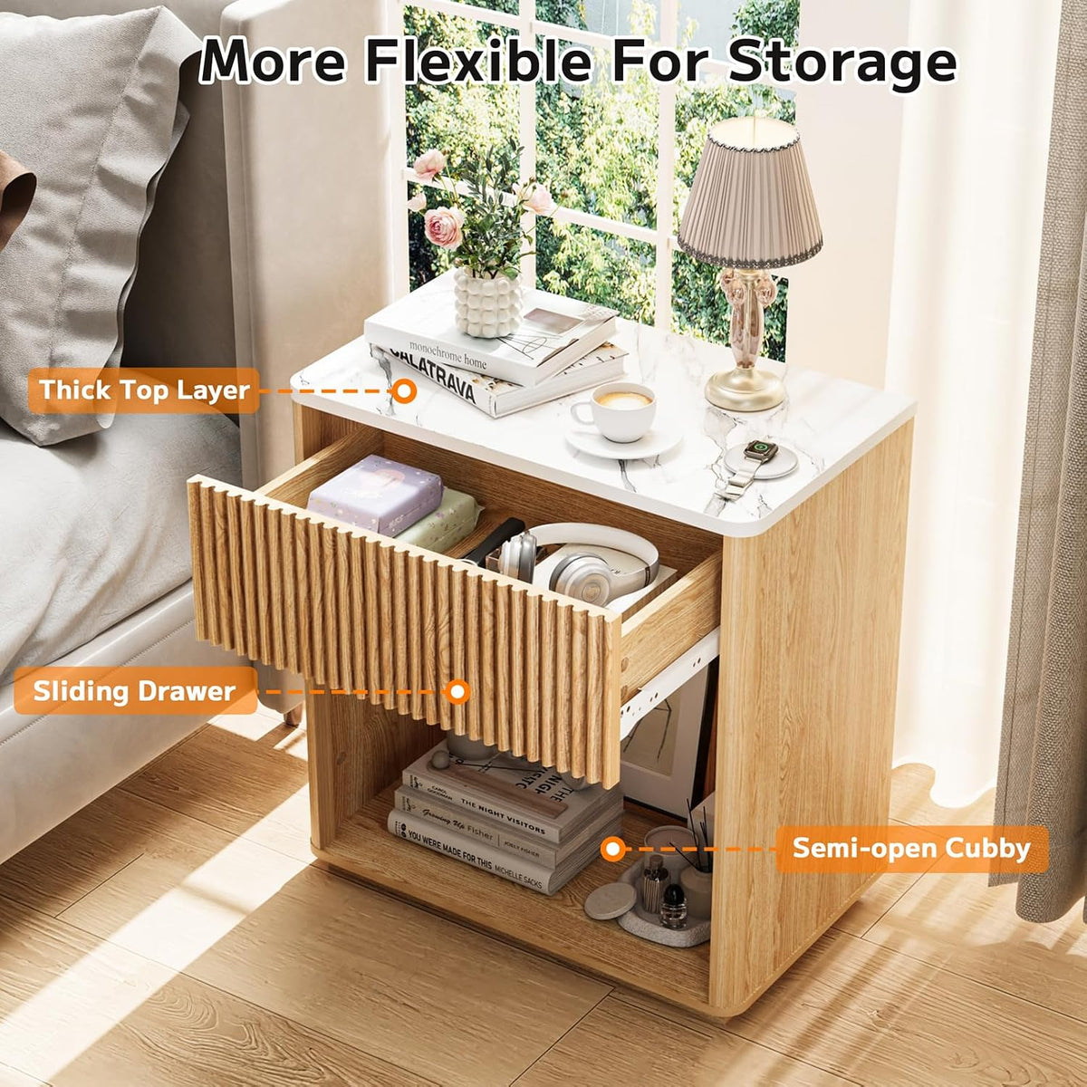 Fluted Nightstands with Faux-Marble Tops, Oak, Set of 2 — product view 4