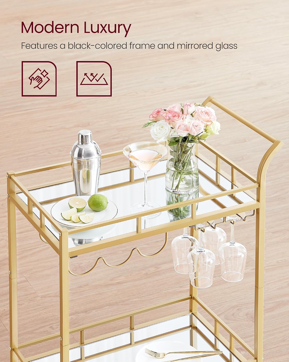 VASAGLE Mirrored Bar Cart, Gold, 26in — product view 2