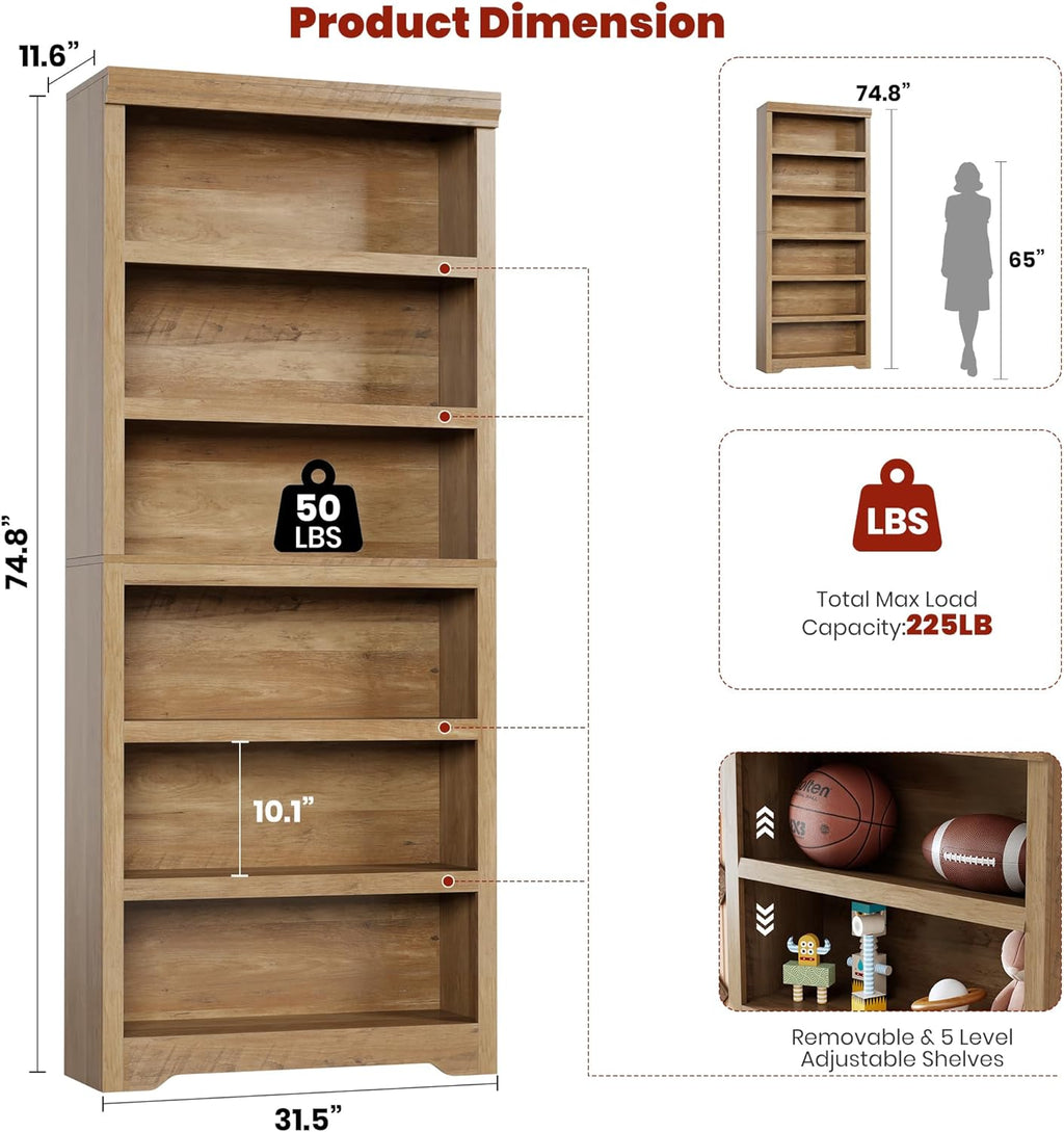 Six-Tier Farmhouse Bookcase, Natural Wood Finish, 74.8in — product view 2