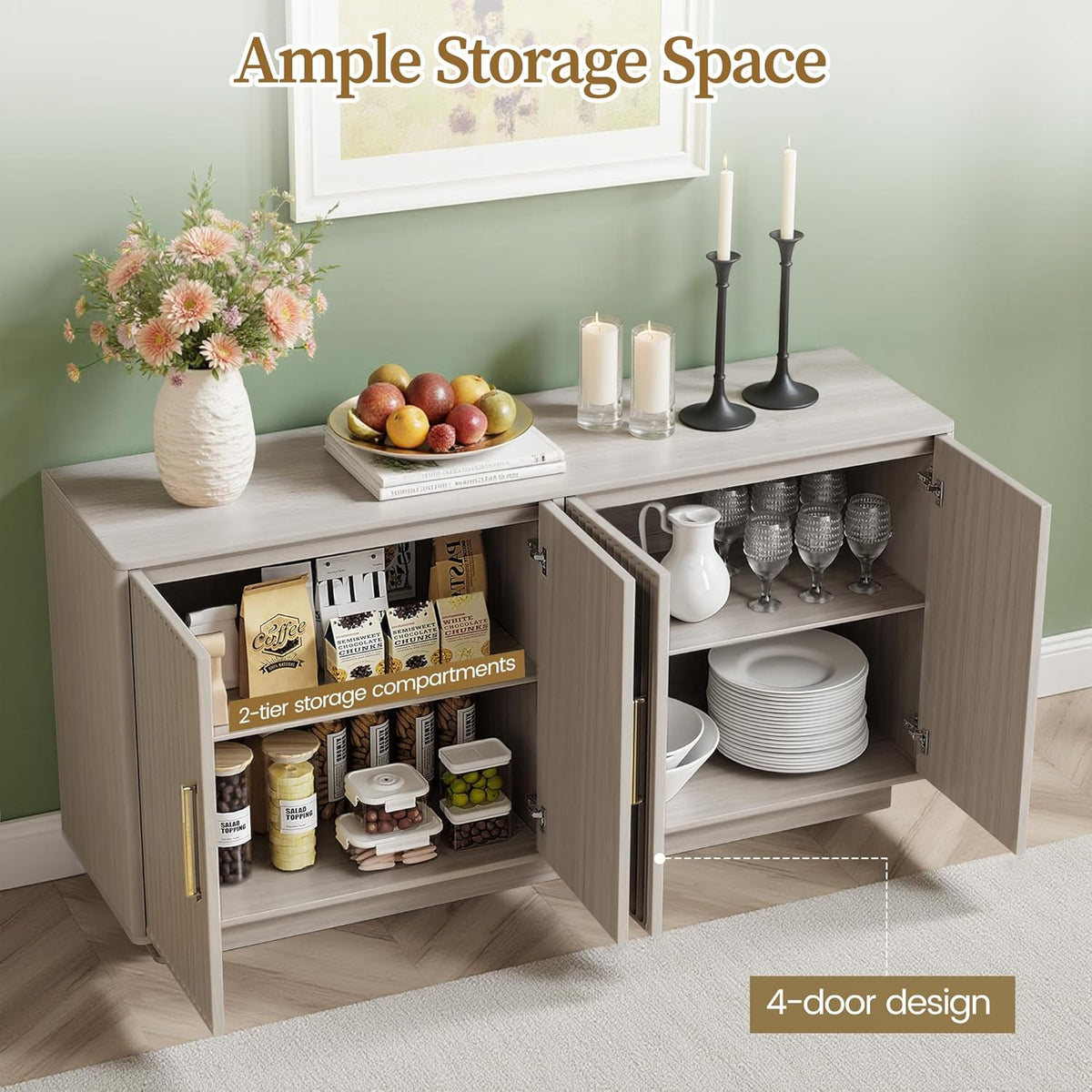 Fluted Four-Door Sideboard, Light Finish, 55.59in — product view 2