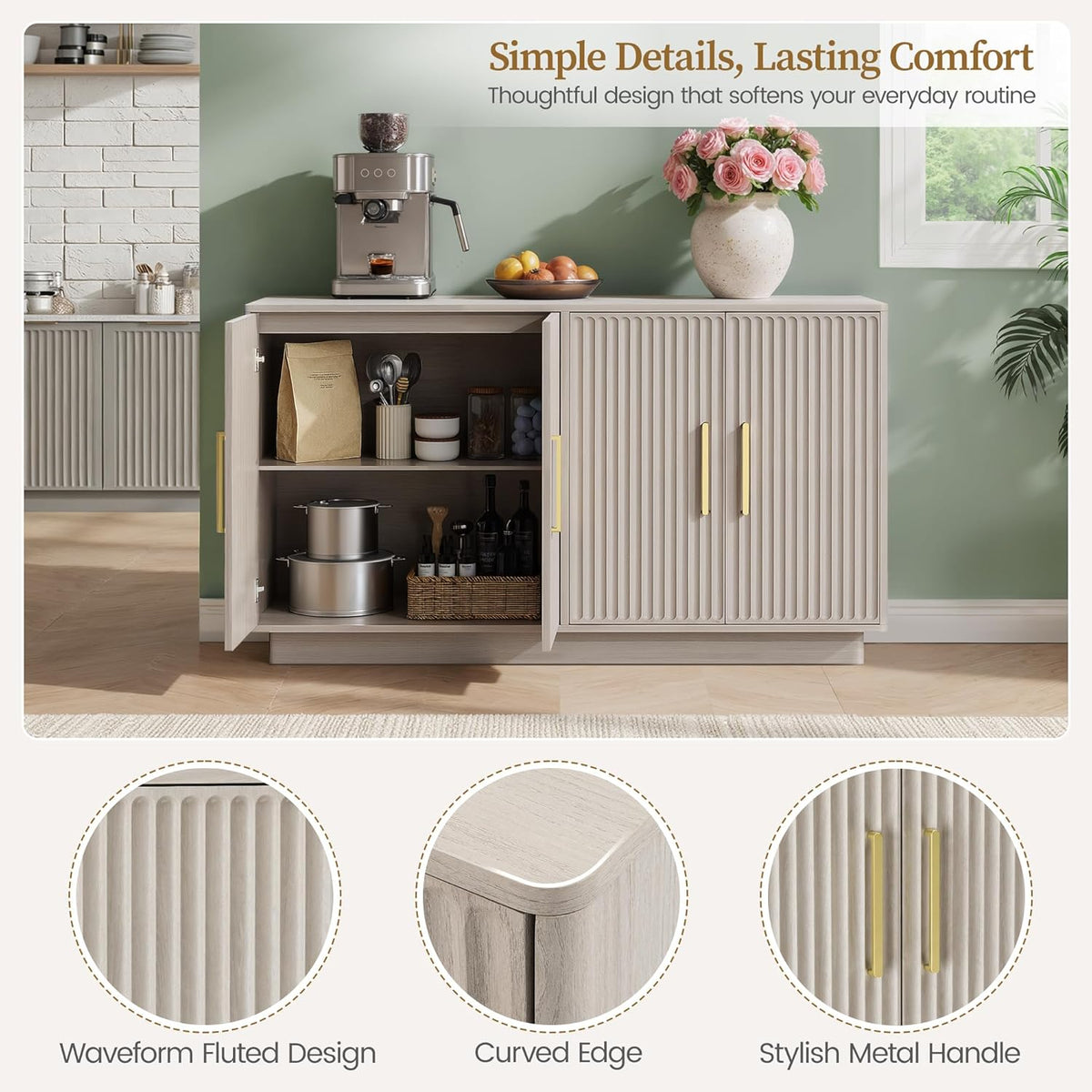 Fluted Four-Door Sideboard, Light Finish, 55.59in — product view 4