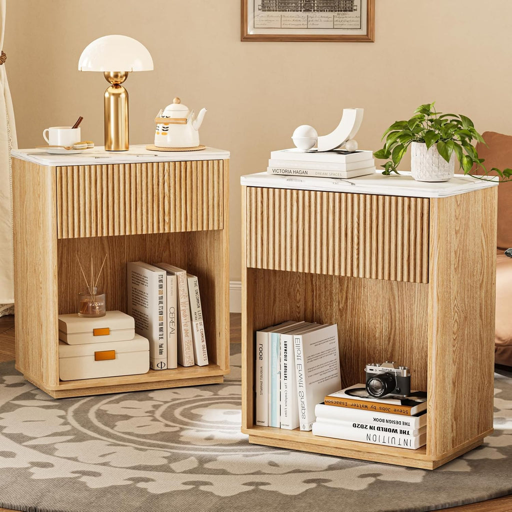 Modern Fluted Nightstand Set of 2 - Marble Top with Drawer