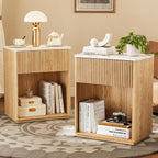 Modern Fluted Nightstand Set of 2 - Marble Top with Drawer