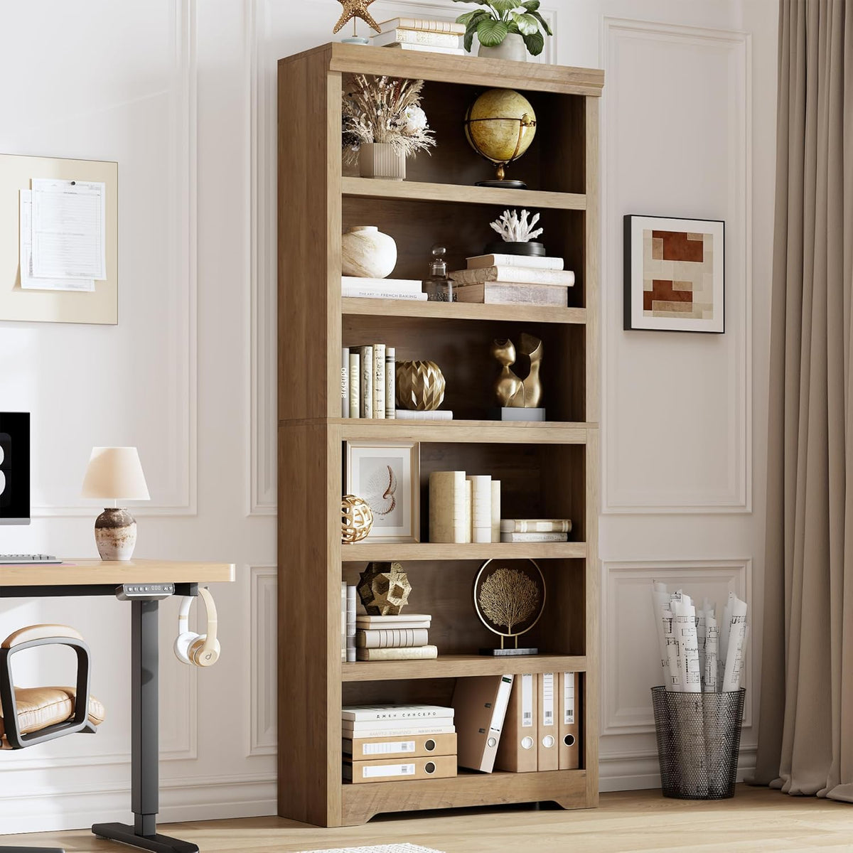 Six-Tier Farmhouse Bookcase, Natural Wood Finish, 74.8in — product view 3