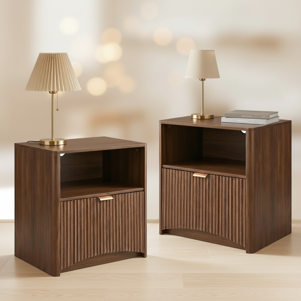 Mid-Century Modern Fluted Nightstands with Charging Station, Set of 2