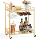 Gold Bar Serving Cart - Mirrored Shelves with Wine Glass Rack