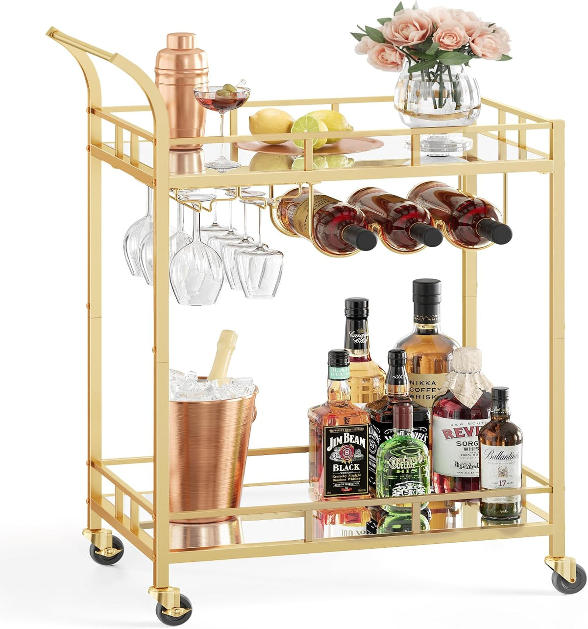 Gold Bar Serving Cart - Mirrored Shelves with Wine Glass Rack