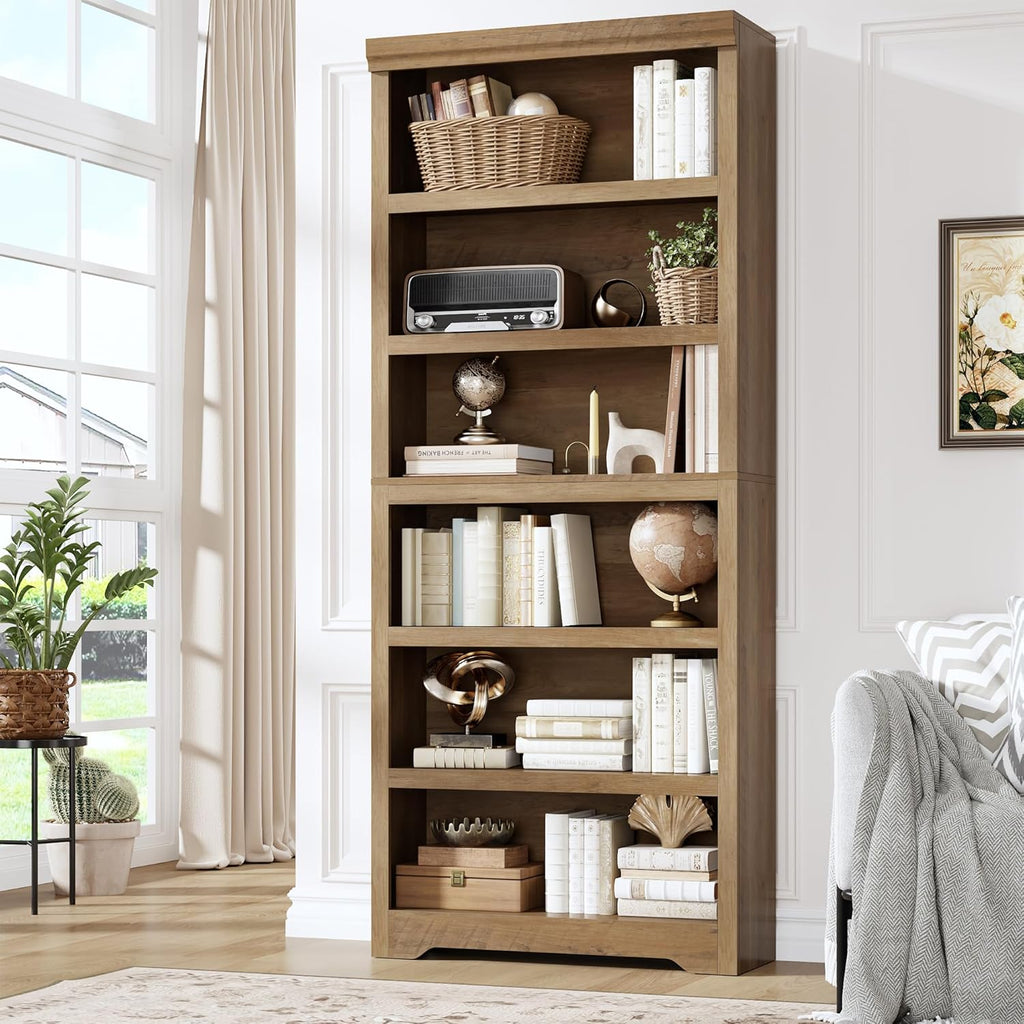 6-Tier Tall Farmhouse Bookcase 75in - Open Shelf