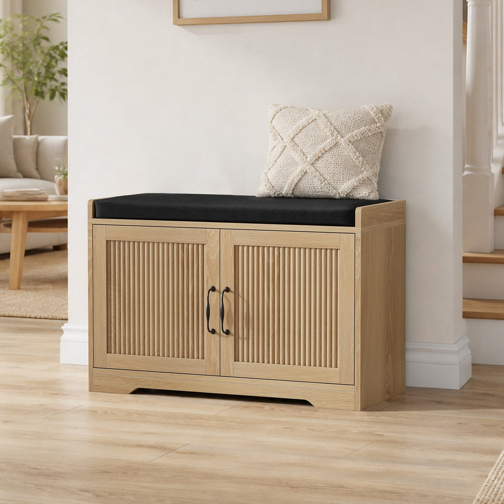 Fluted Entryway Storage Bench with Double Doors