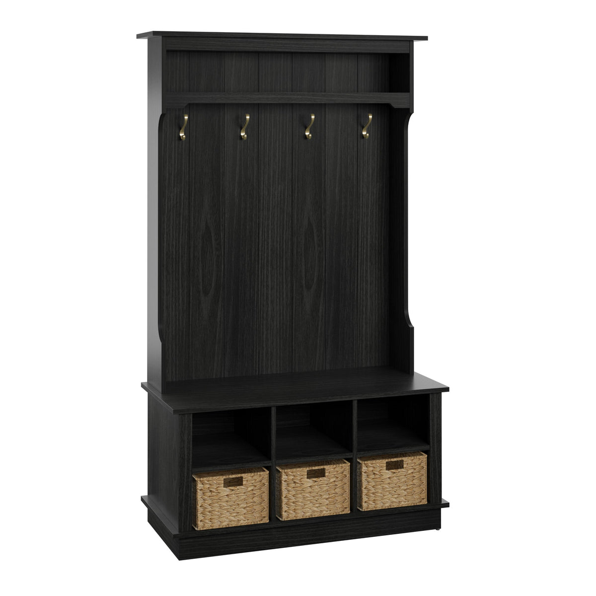Entryway Hall Tree with Baskets and Open Storage, Black — product view 4