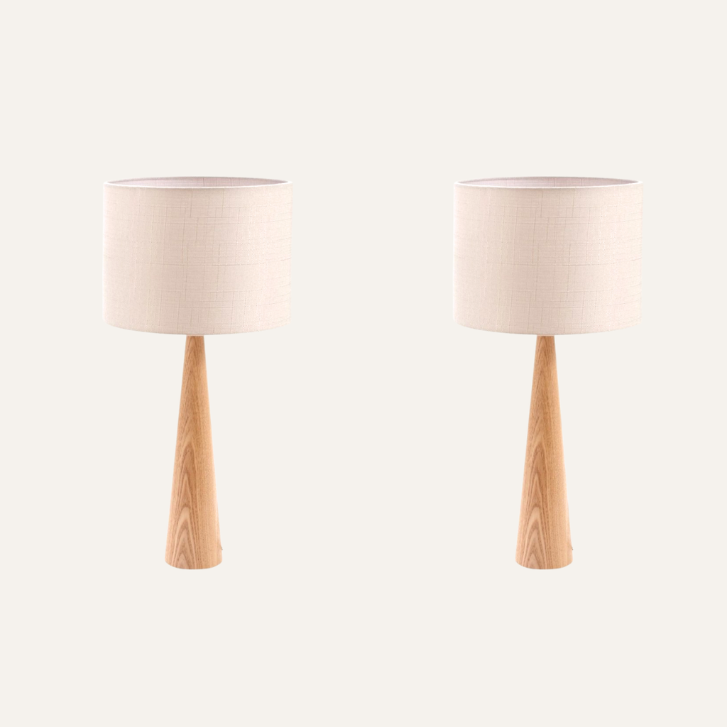 Natural Solid Wood Table Lamp - Set of 2 with Linen Shade
