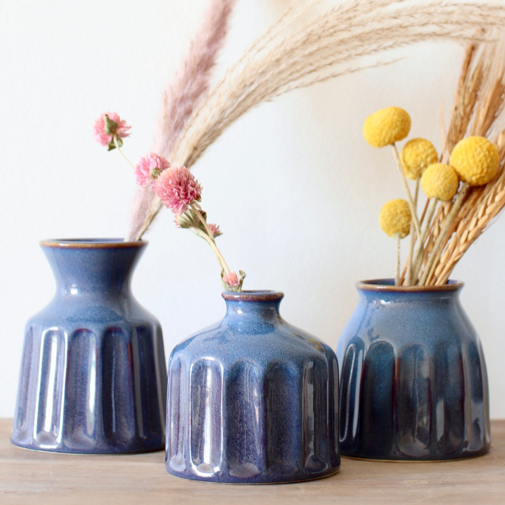 Small Blue Ribbed Ceramic Decorative Vases, Set of 3 — product view 3