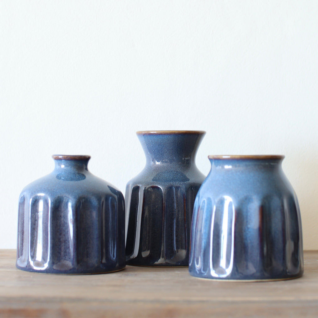 Small Blue Ribbed Ceramic Decorative Vases, Set of 3 — product view 5