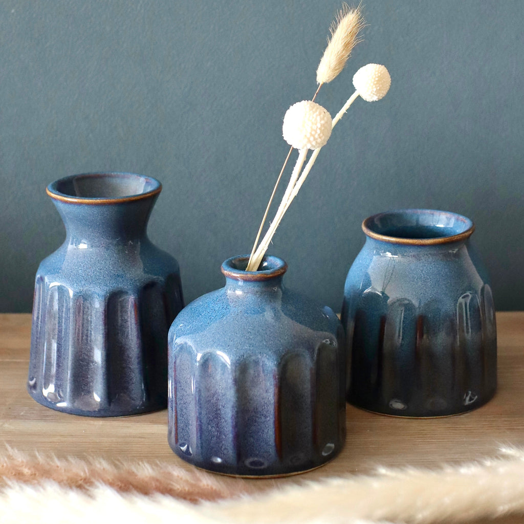 Small Blue Ribbed Ceramic Decorative Vases, Set of 3 — product view 2