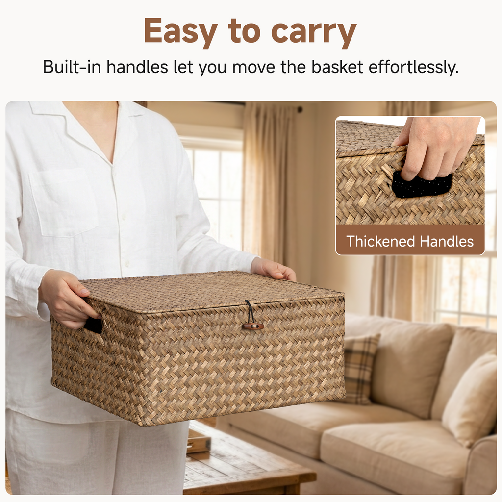 Lidded Flat Seagrass Storage Basket, Jumbo — product view 4