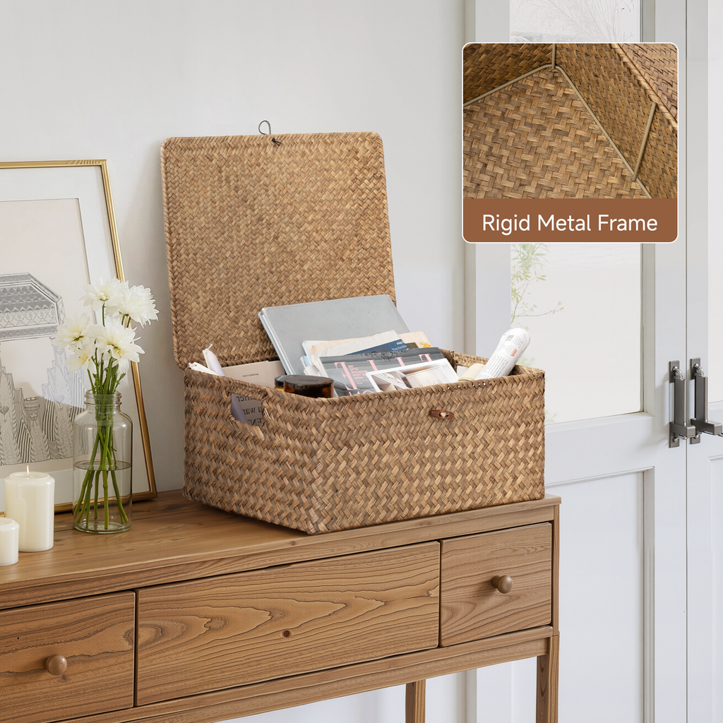 Lidded Flat Seagrass Storage Basket, Jumbo — product view 5
