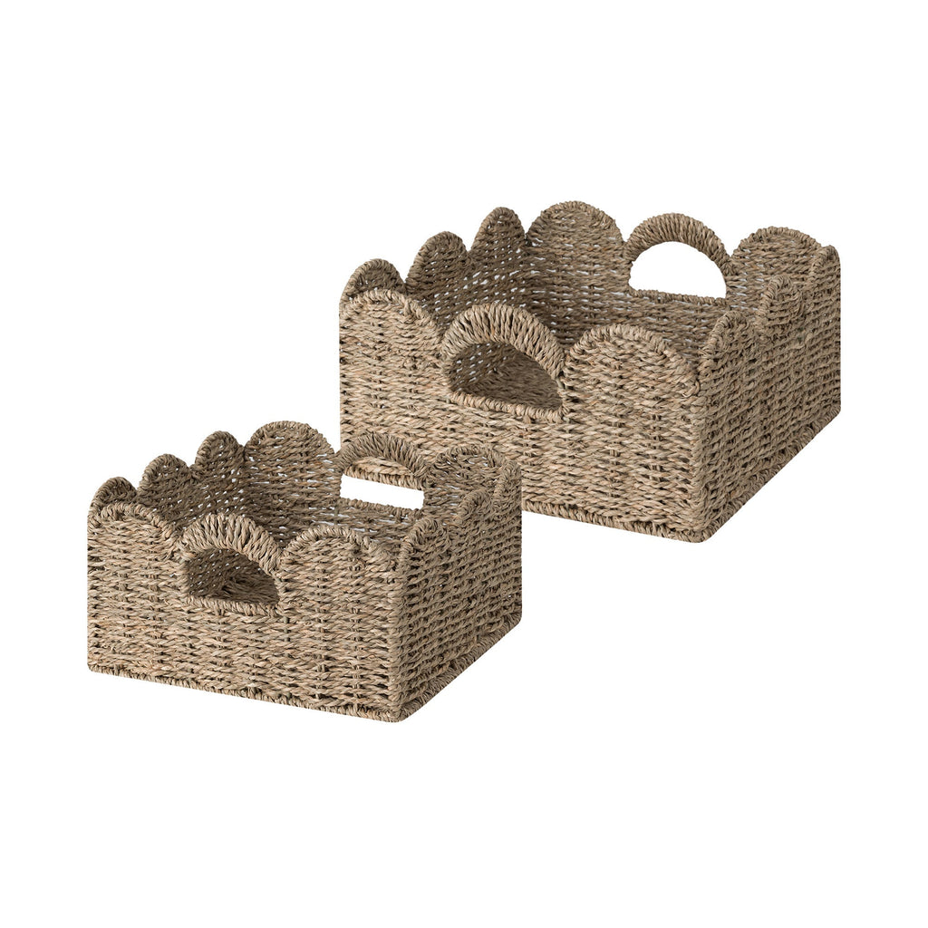 Scalloped Seagrass Storage Basket Set of 2 — Woven Organizer with Handles