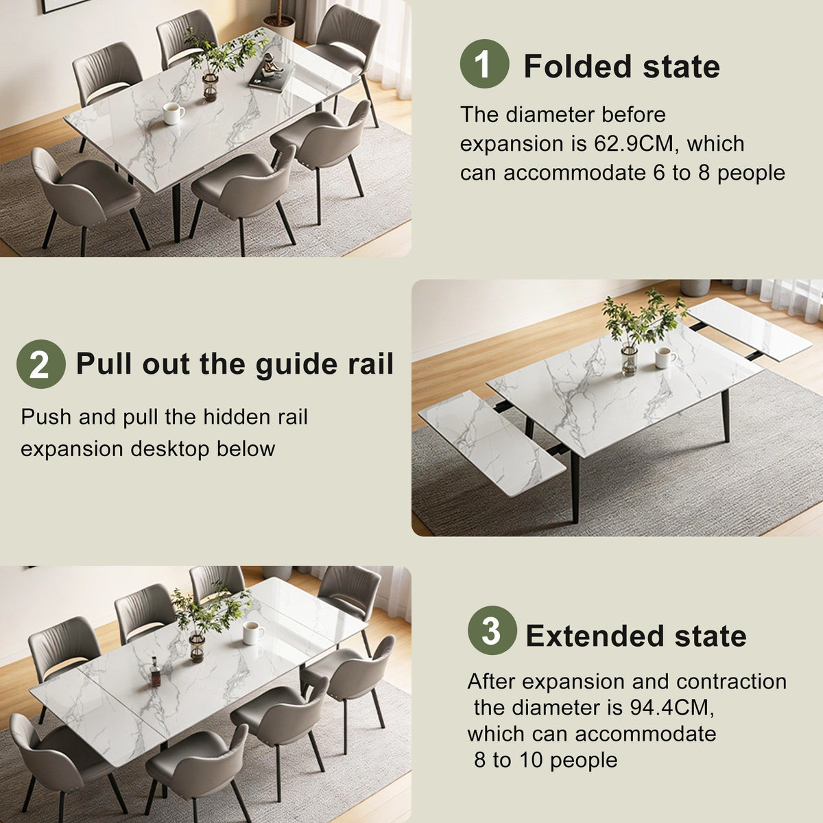 Extendable Sintered Stone Dining Table, White, Seats 6–10 — product view 2