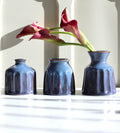 Blue Ribbed Ceramic Vase — Set of 3 Small Decorative Vases