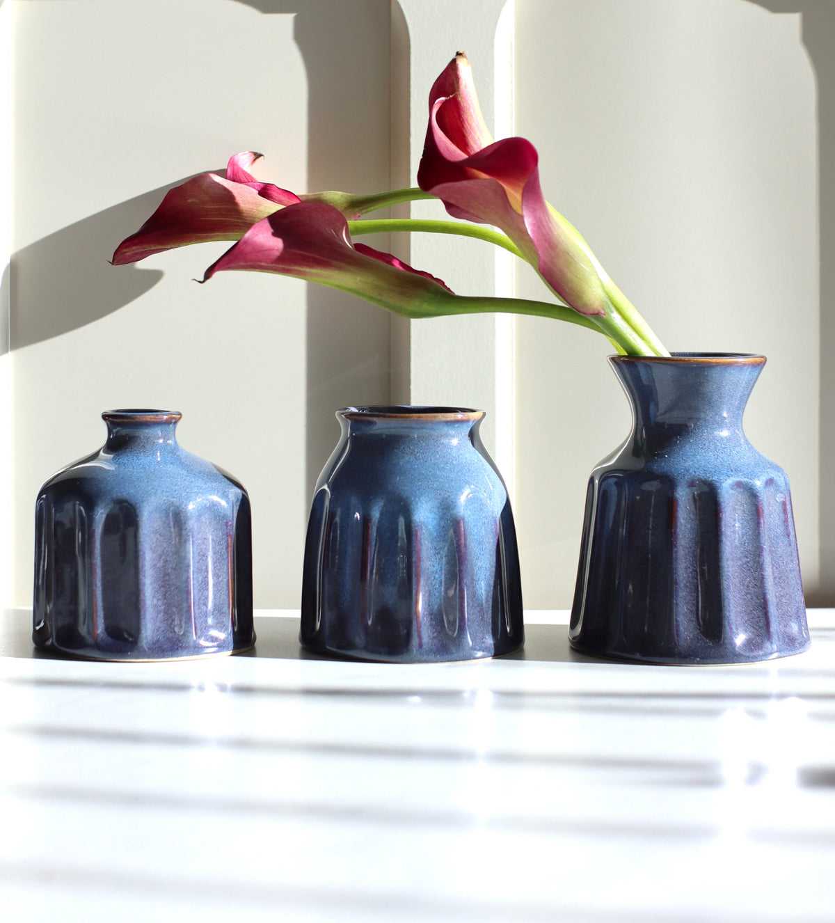 Blue Ribbed Ceramic Vase — Set of 3 Small Decorative Vases
