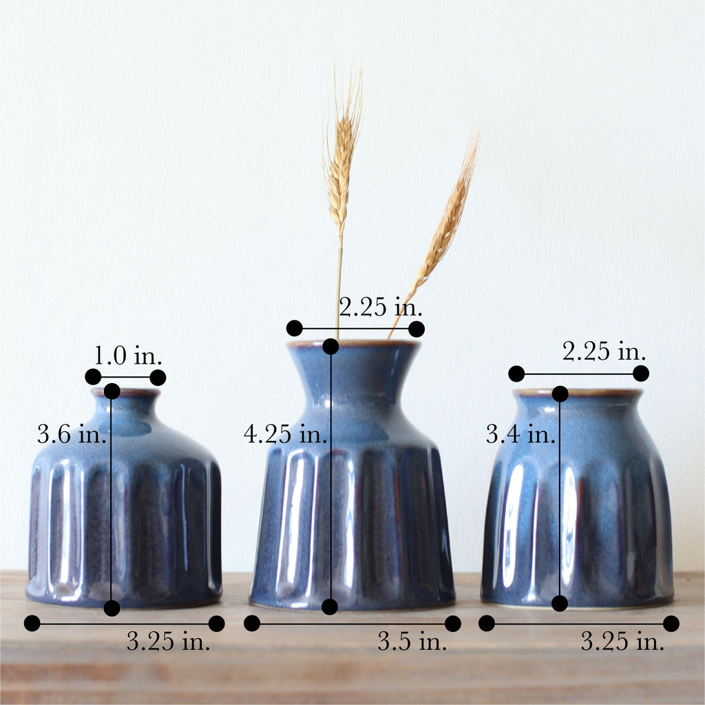 Small Blue Ribbed Ceramic Decorative Vases, Set of 3 — product view 4