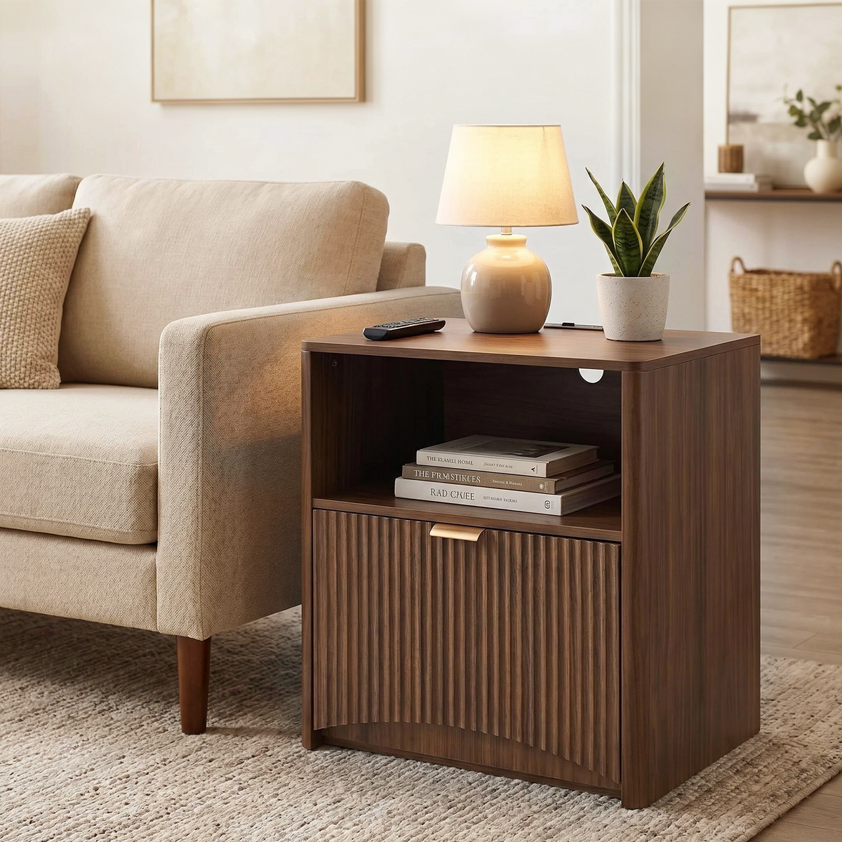 Fluted Nightstands with Charging Station, Walnut, Set of 2 — product view 3
