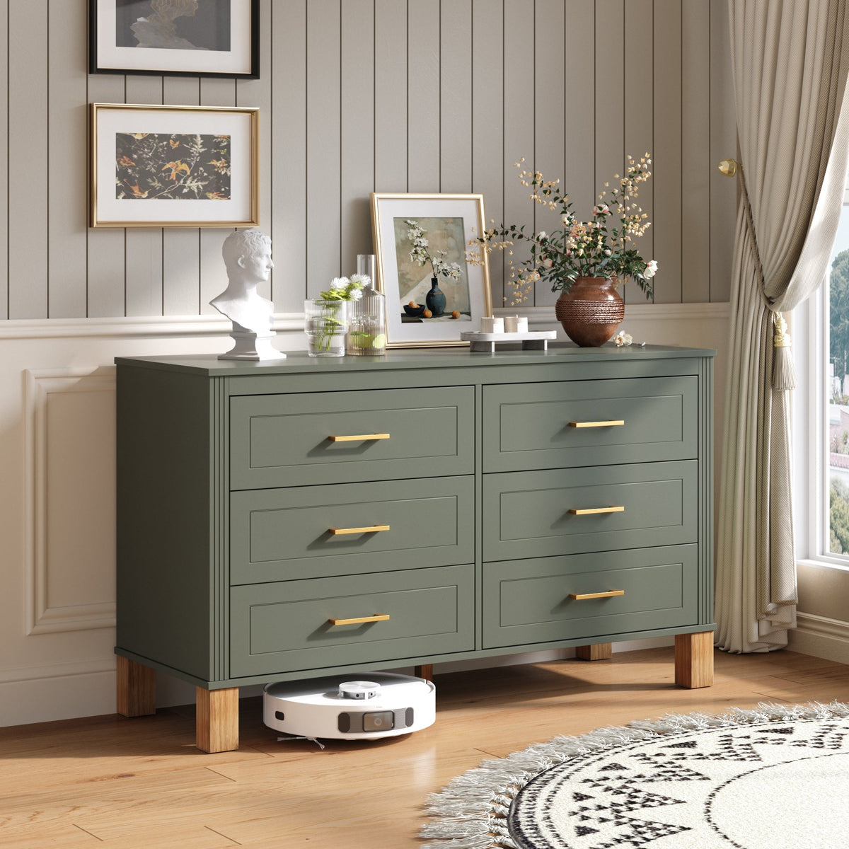 Modern 6-Drawer Dresser with Solid Wood Legs