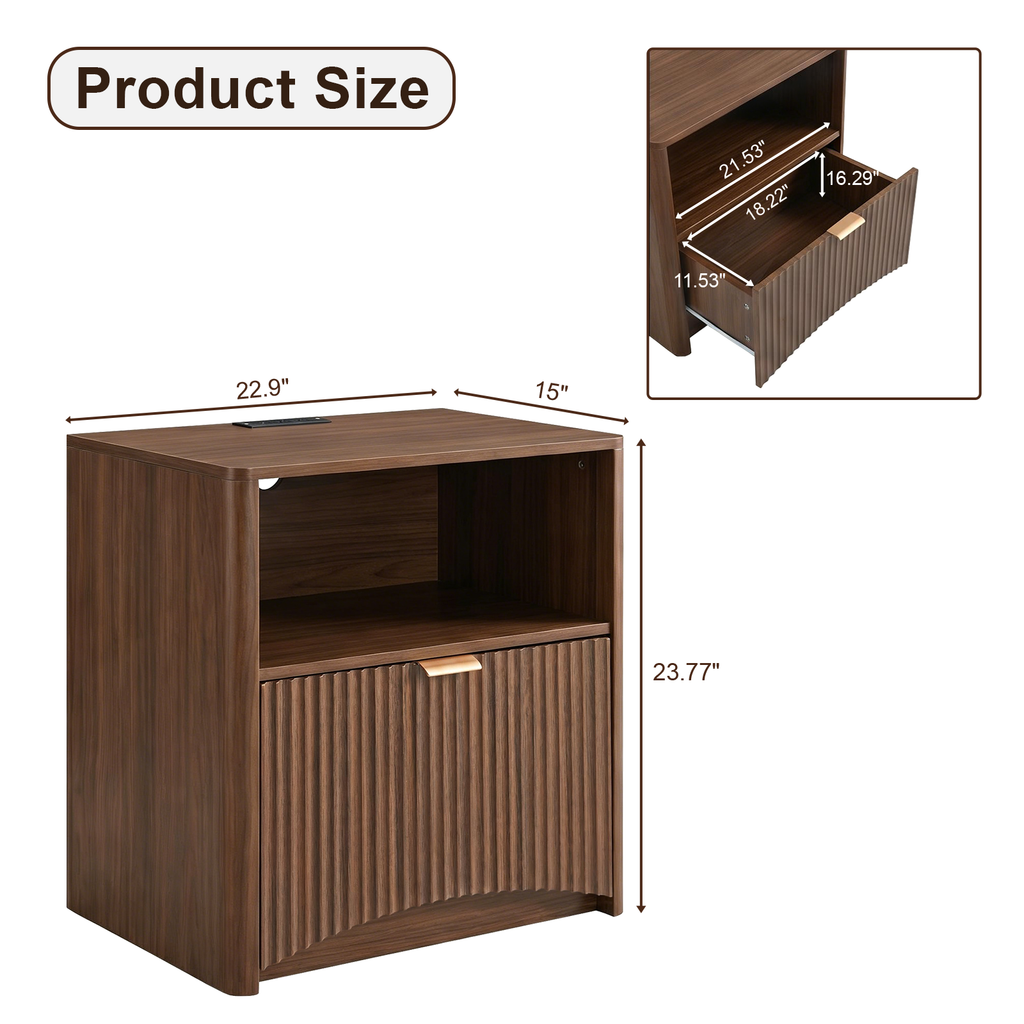 Fluted Nightstands with Charging Station, Walnut, Set of 2 — product view 4