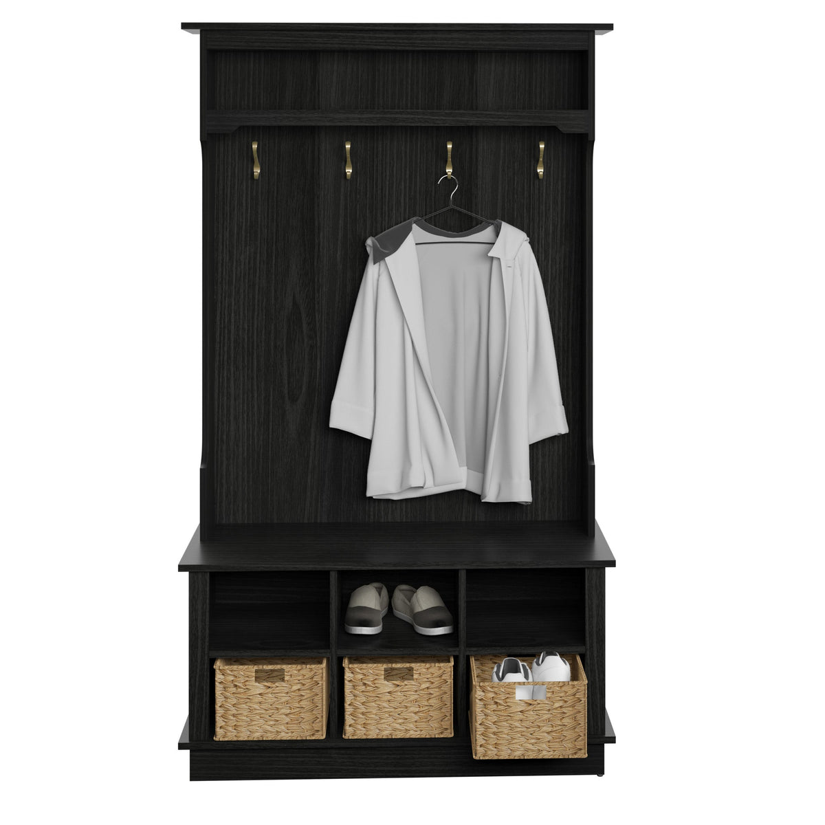 Entryway Hall Tree with Baskets and Open Storage, Black — product view 2