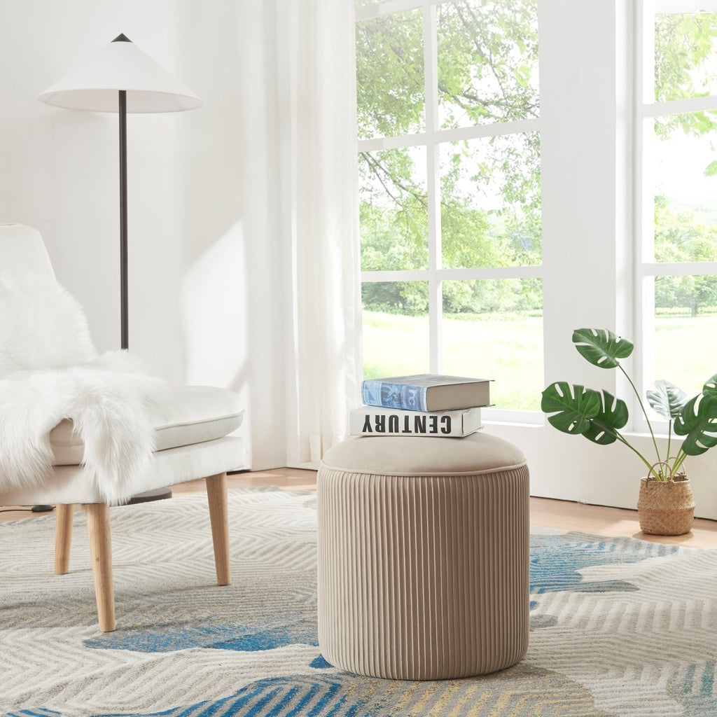 Round Velvet Ottoman, Taupe — product view 2